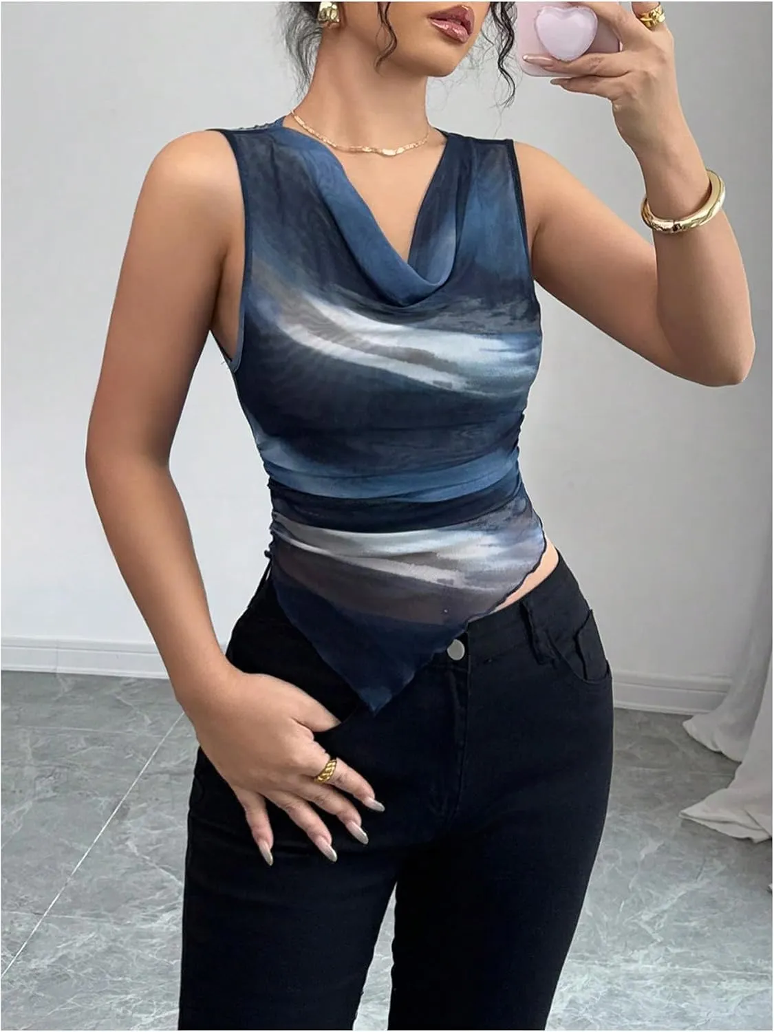 SOLY HUX Women's Elegant Tie Dye Tank Top Cowl Neck Sleeveless Mesh Fitted Vest Shirts Office Outfits