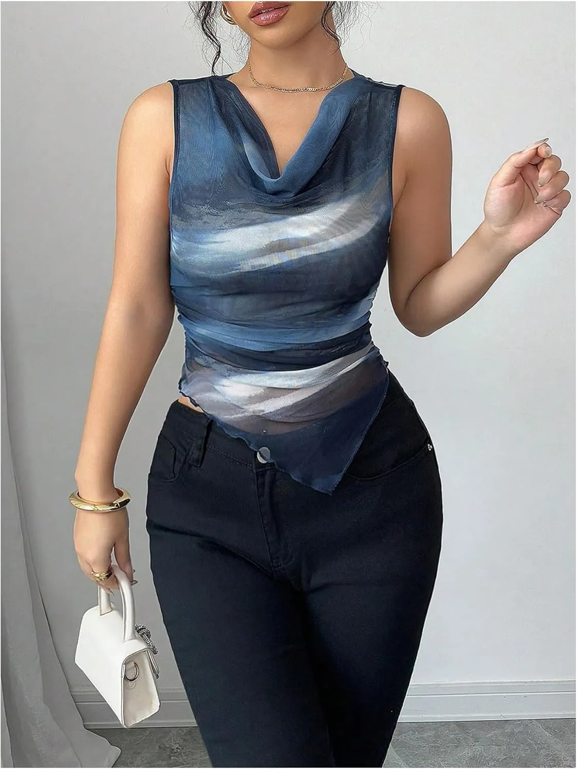 SOLY HUX Women's Elegant Tie Dye Tank Top Cowl Neck Sleeveless Mesh Fitted Vest Shirts Office Outfits