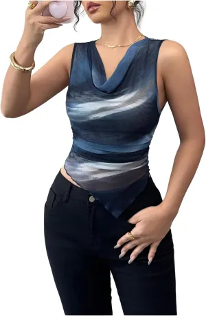 SOLY HUX Women's Elegant Tie Dye Tank Top Cowl Neck Sleeveless Mesh Fitted Vest Shirts Office Outfits