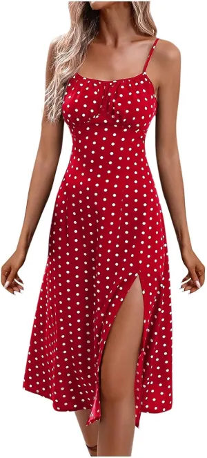 Spaghetti Strap Dresses for Women 2024 Summer Sexy Sundresses Polka Dot Print Midi Dress Side Split Boho Dresses