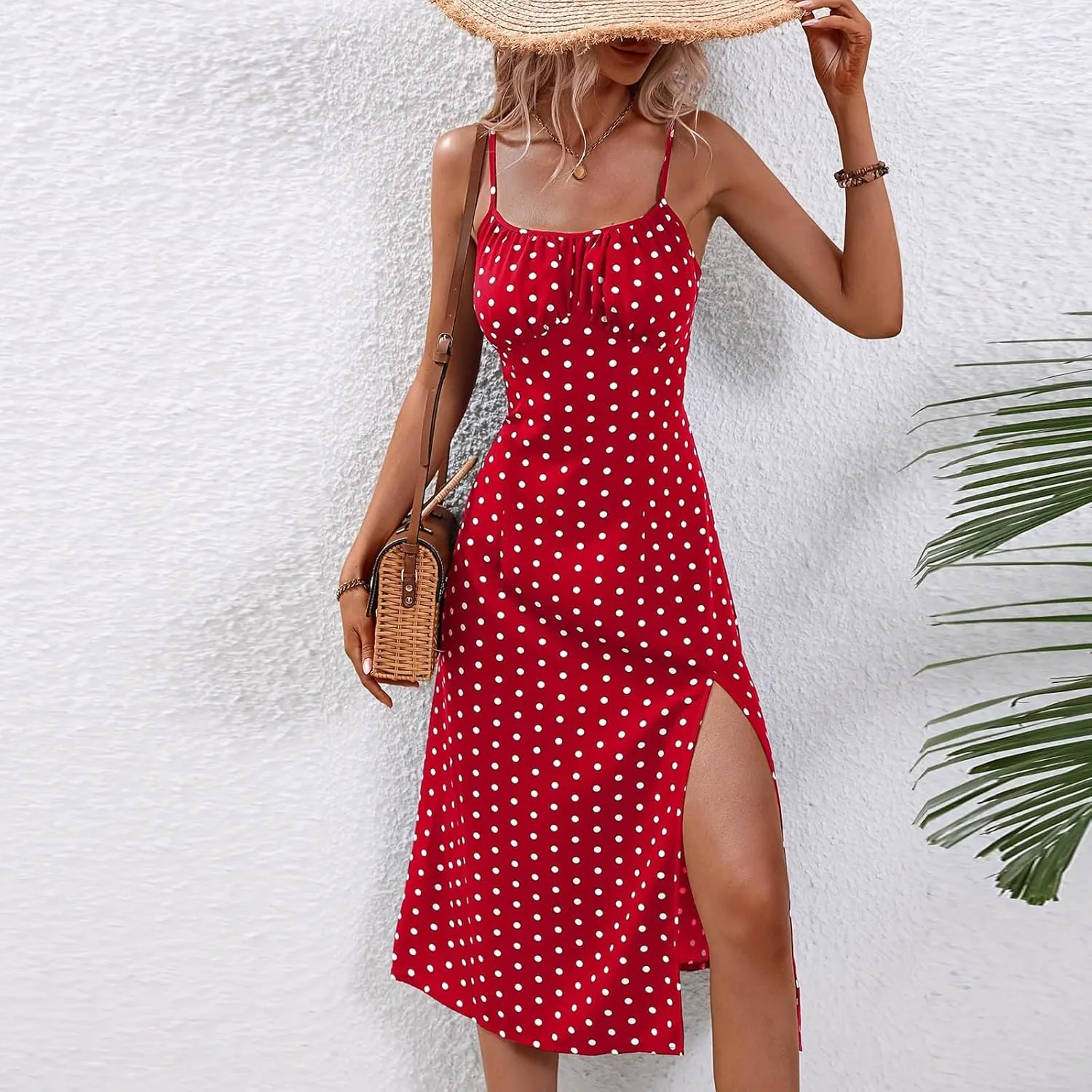 Spaghetti Strap Dresses for Women 2024 Summer Sexy Sundresses Polka Dot Print Midi Dress Side Split Boho Dresses