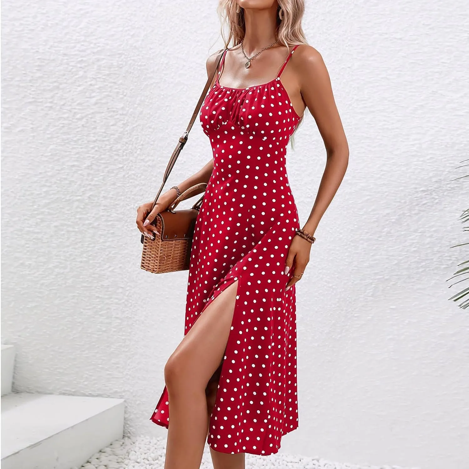 Spaghetti Strap Dresses for Women 2024 Summer Sexy Sundresses Polka Dot Print Midi Dress Side Split Boho Dresses