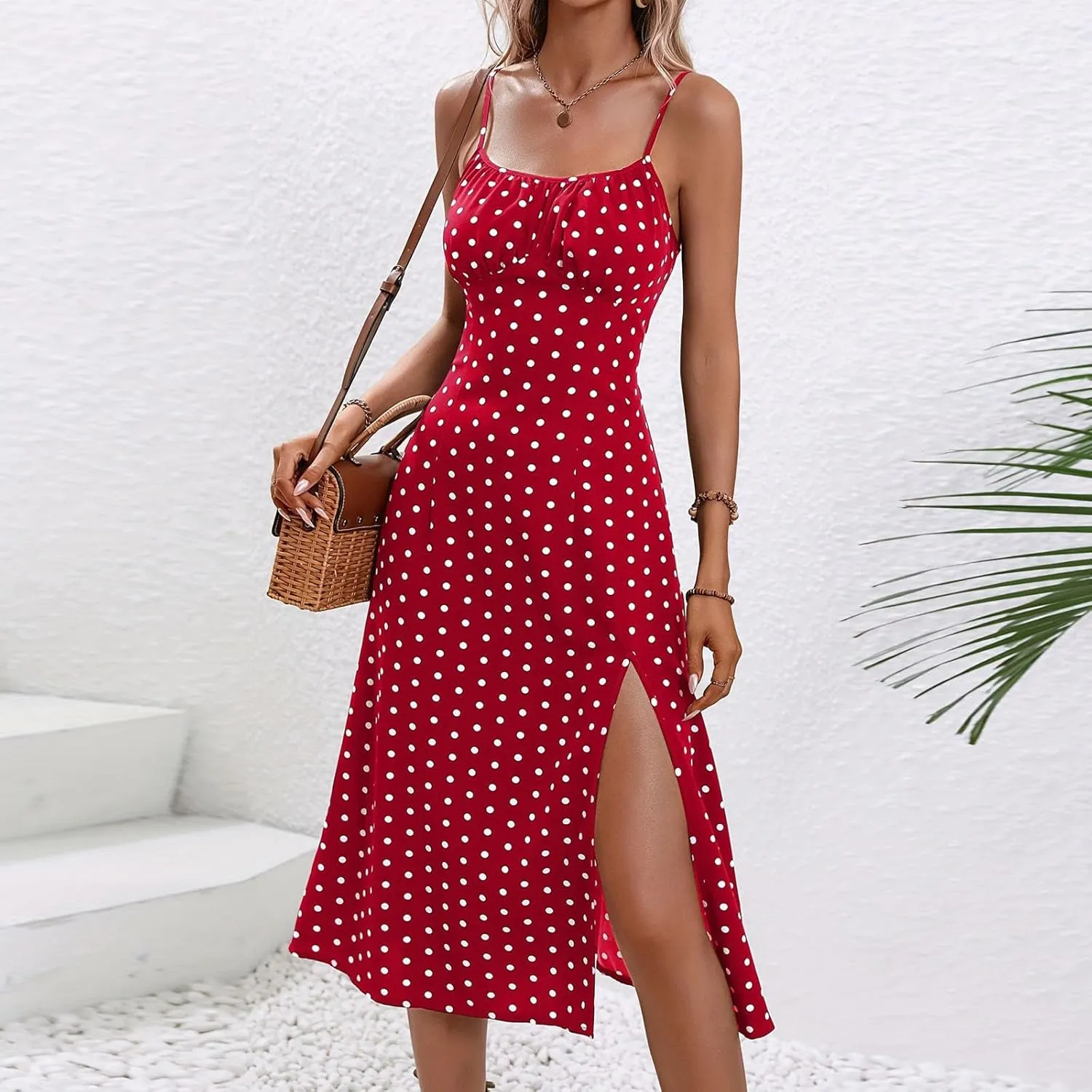 Spaghetti Strap Dresses for Women 2024 Summer Sexy Sundresses Polka Dot Print Midi Dress Side Split Boho Dresses