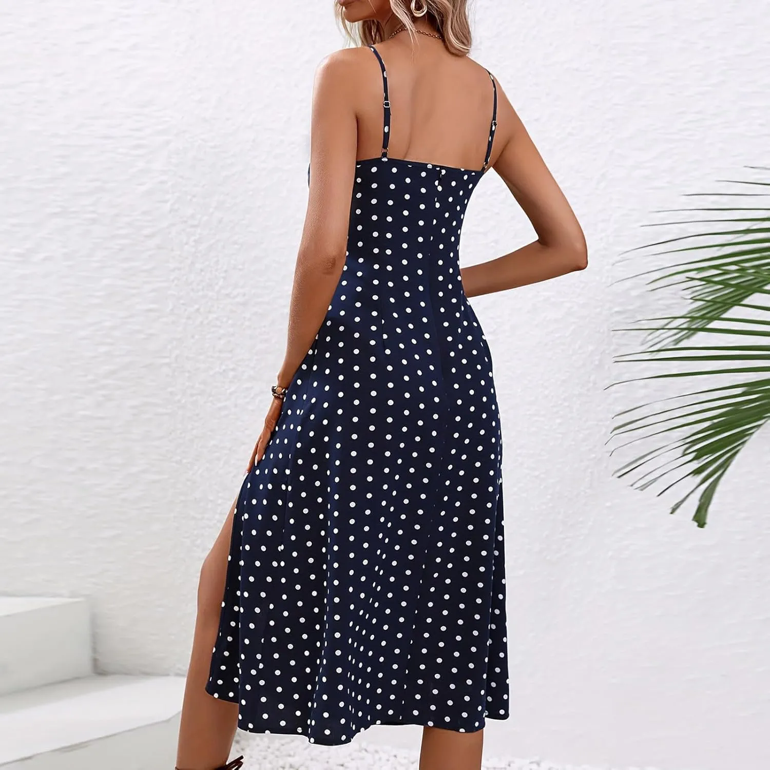 Spaghetti Strap Dresses for Women 2025 Polka Dot Midi Dress, Sleeveless Slit Summer Sundress Sexy A Line Beach Dress