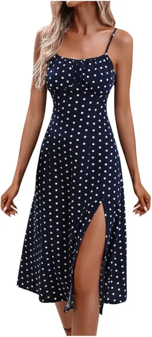 Spaghetti Strap Dresses for Women 2025 Polka Dot Midi Dress, Sleeveless Slit Summer Sundress Sexy A Line Beach Dress