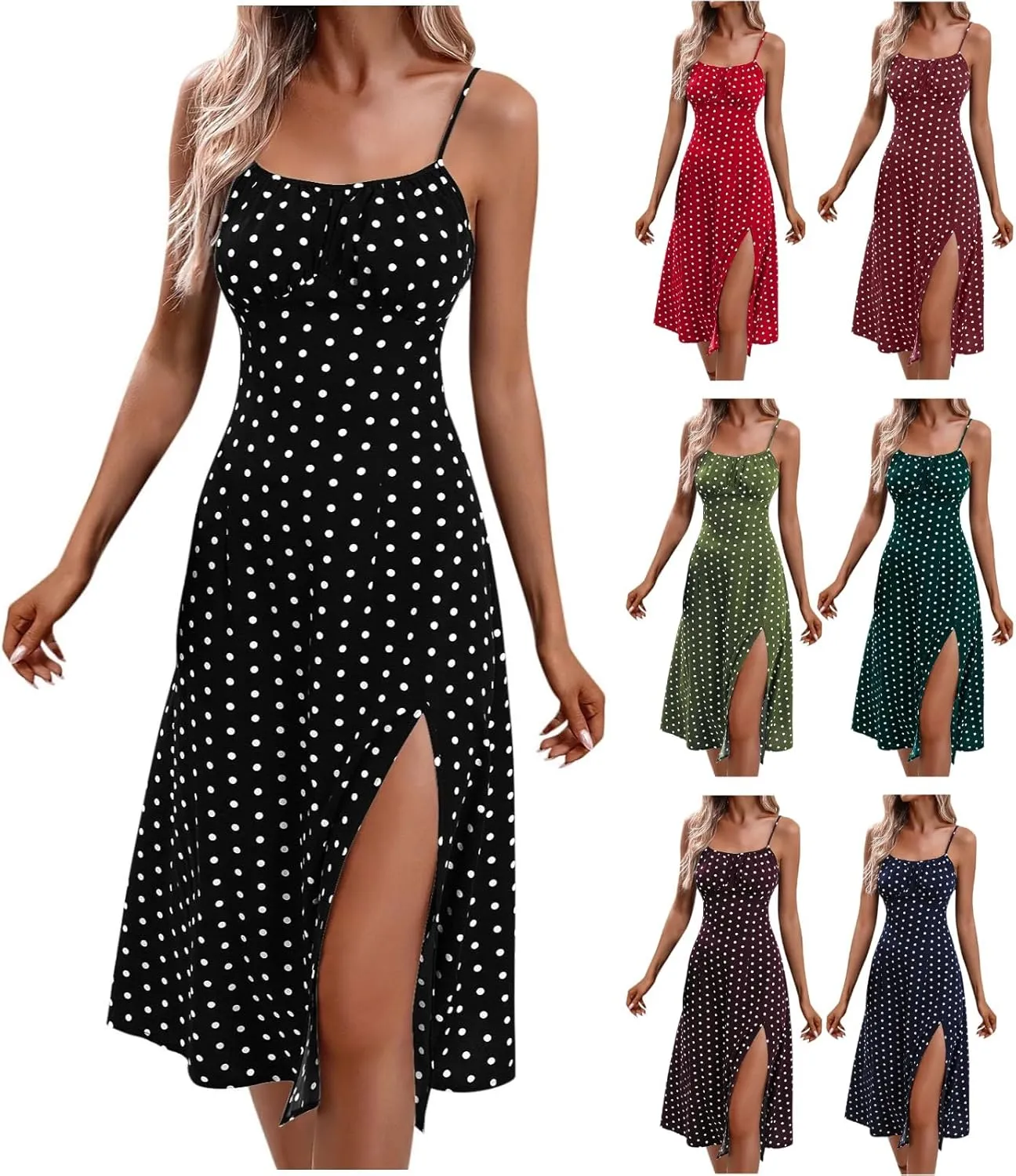 Spaghetti Strap Dresses for Women 2025 Polka Dot Midi Dress, Sleeveless Slit Summer Sundress Sexy A Line Beach Dress