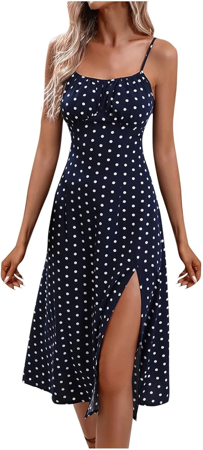 Spaghetti Strap Dresses for Women 2025 Polka Dot Midi Dress, Sleeveless Slit Summer Sundress Sexy A Line Beach Dress