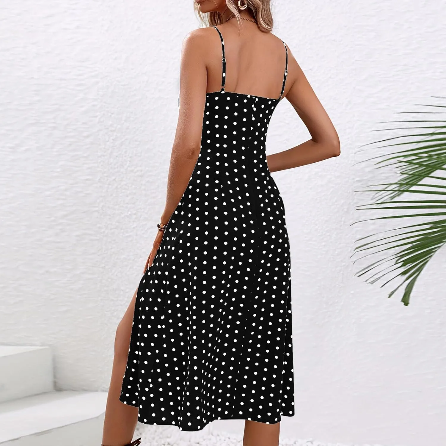 Spaghetti Strap Dresses for Women 2025 Polka Dot Midi Dress, Sleeveless Slit Summer Sundress Sexy A Line Beach Dress