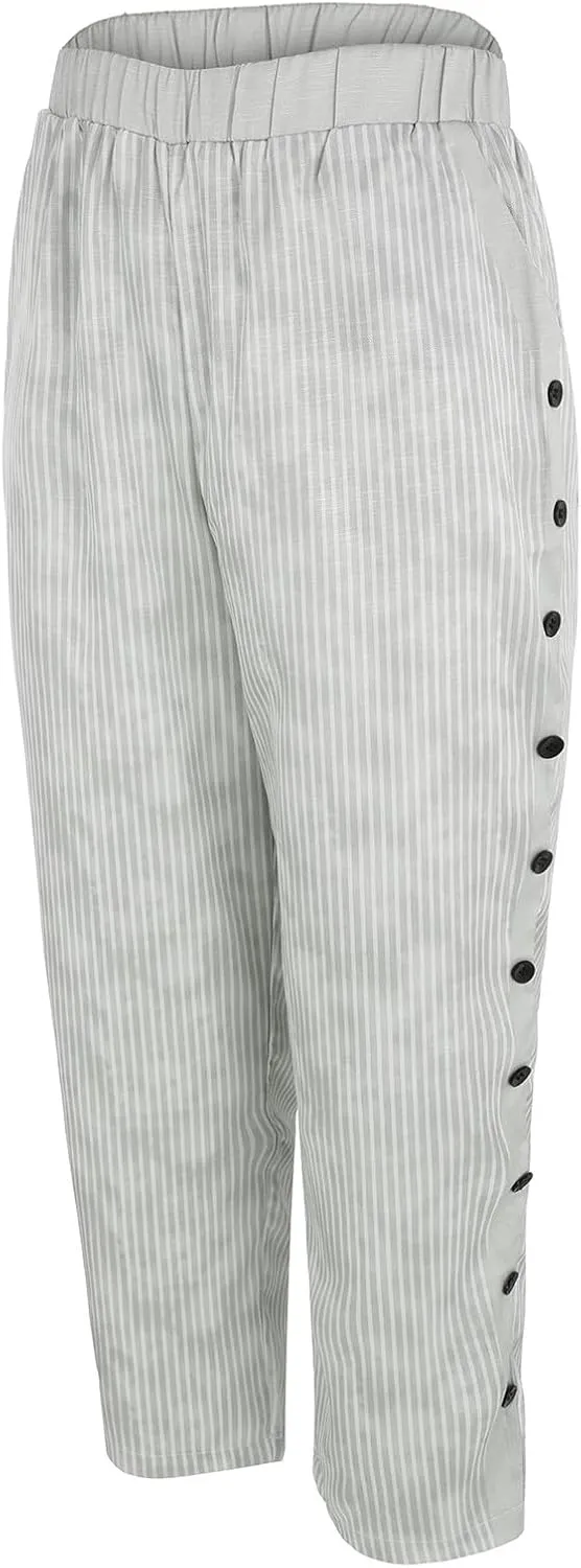 Striped Linen Pants for Women Casual Straight Leg Elastic Waist Pants Beach Side Button Summer Pants with Pockets
