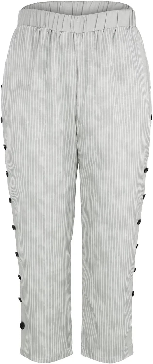 Striped Linen Pants for Women Casual Straight Leg Elastic Waist Pants Beach Side Button Summer Pants with Pockets