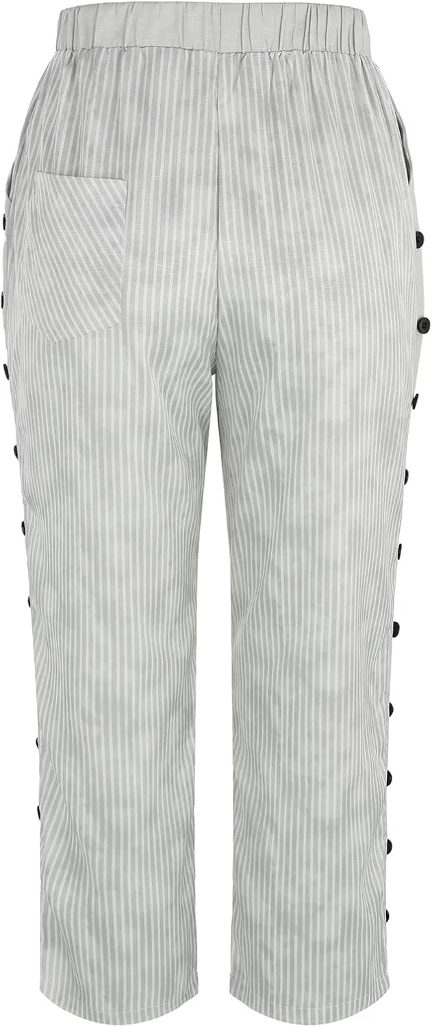 Striped Linen Pants for Women Casual Straight Leg Elastic Waist Pants Beach Side Button Summer Pants with Pockets