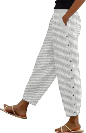 Striped Linen Pants for Women Casual Straight Leg Elastic Waist Pants Beach Side Button Summer Pants with Pockets