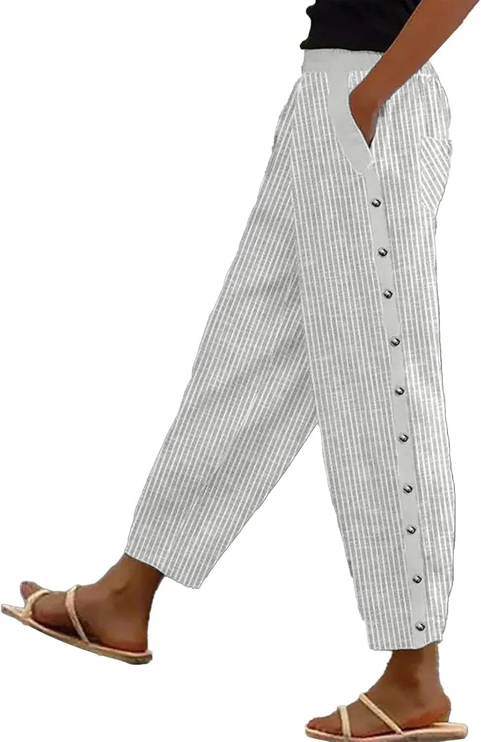 Striped Linen Pants for Women Casual Straight Leg Elastic Waist Pants Beach Side Button Summer Pants with Pockets