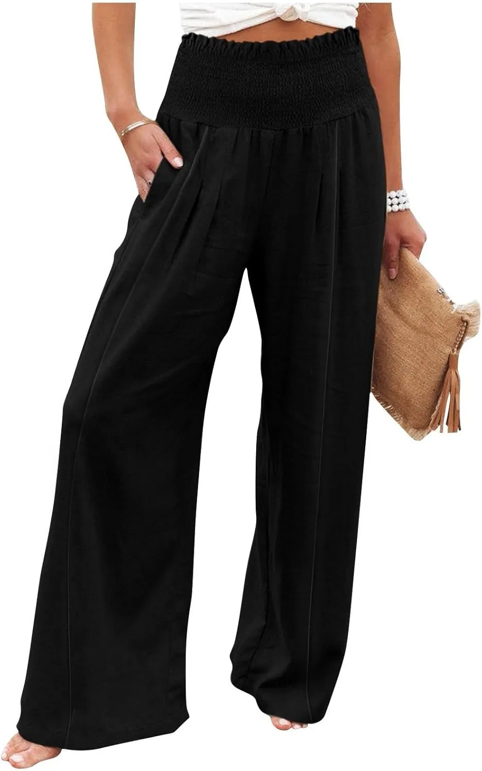 Summer Cotton Linen Pants Women Pleated High Waisted Wide Leg Pants Boho Lounge Pant Baggy Palazzo Pant