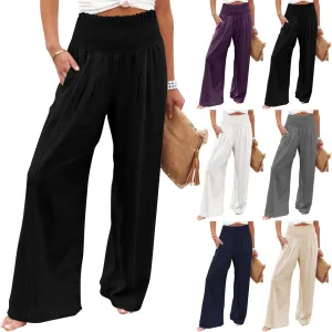Summer Cotton Linen Pants Women Pleated High Waisted Wide Leg Pants Boho Lounge Pant Baggy Palazzo Pant