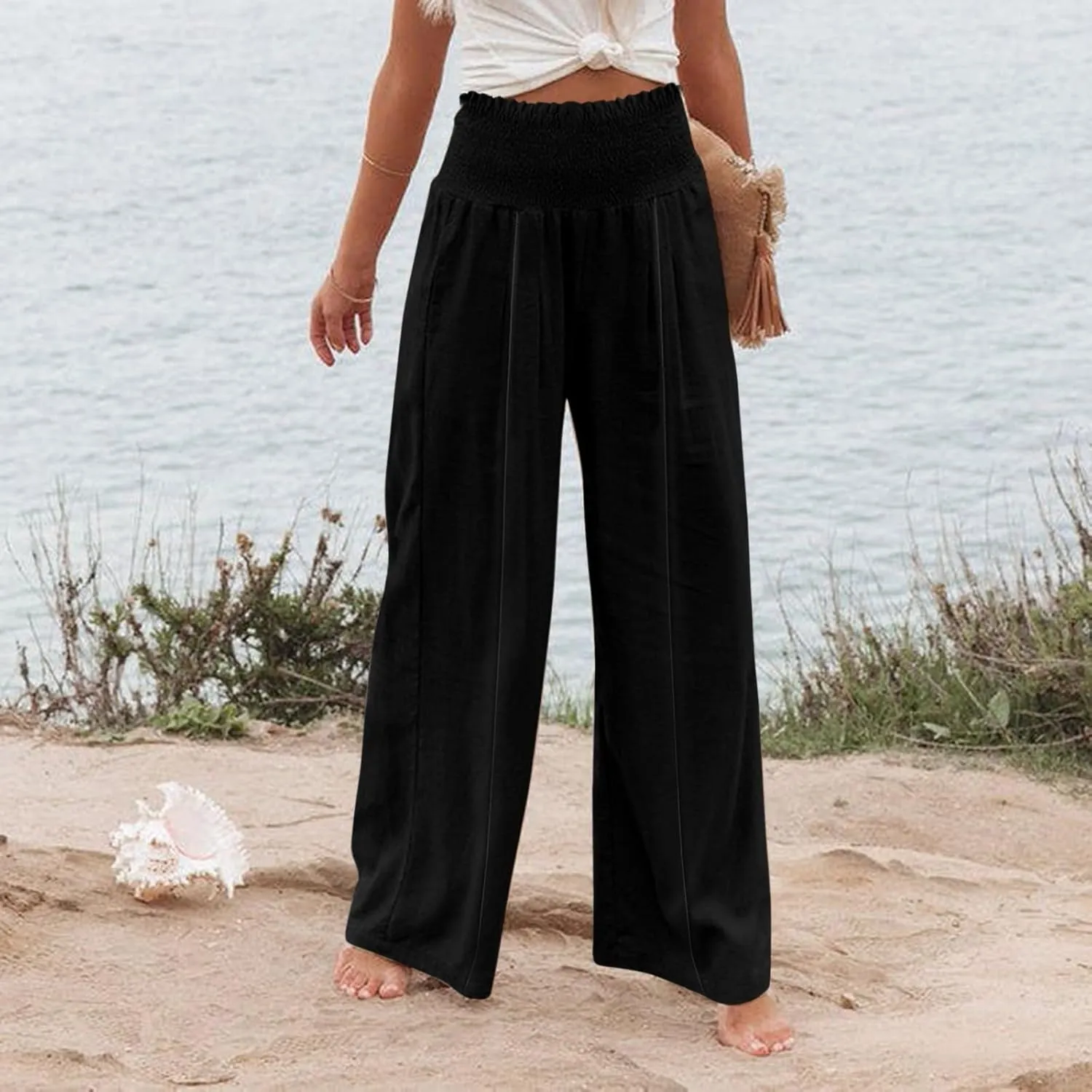 Summer Cotton Linen Pants Women Pleated High Waisted Wide Leg Pants Boho Lounge Pant Baggy Palazzo Pant