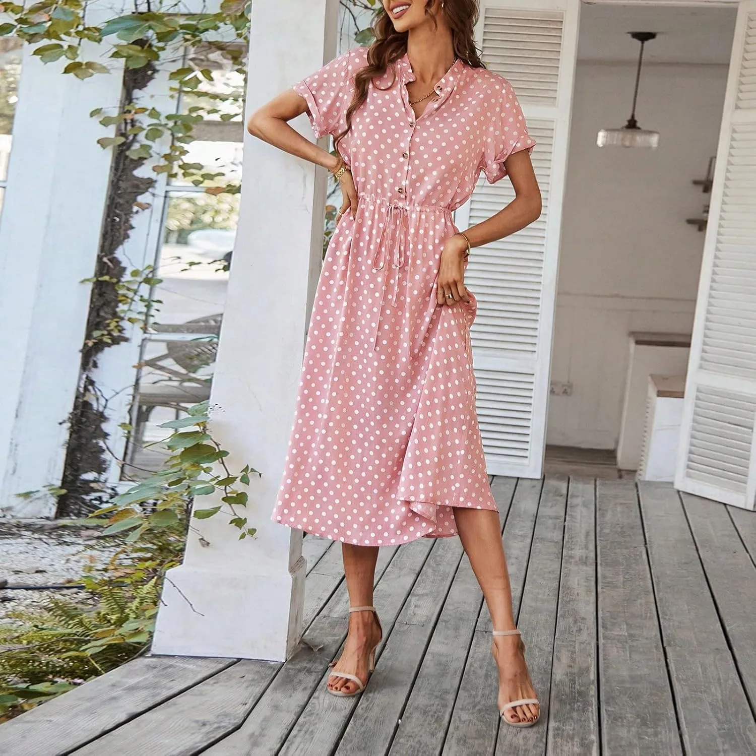 Summer Dresses for Women 2025 Casual Loose Trendy Short Sleeve V-Neck Boho Polka Dot Print Beach Maxi Dress, S-2XL