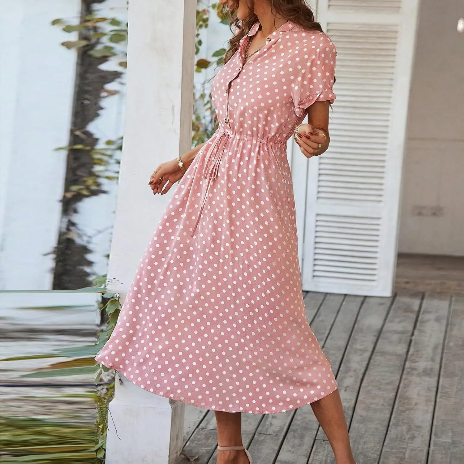 Summer Dresses for Women 2025 Casual Loose Trendy Short Sleeve V-Neck Boho Polka Dot Print Beach Maxi Dress, S-2XL