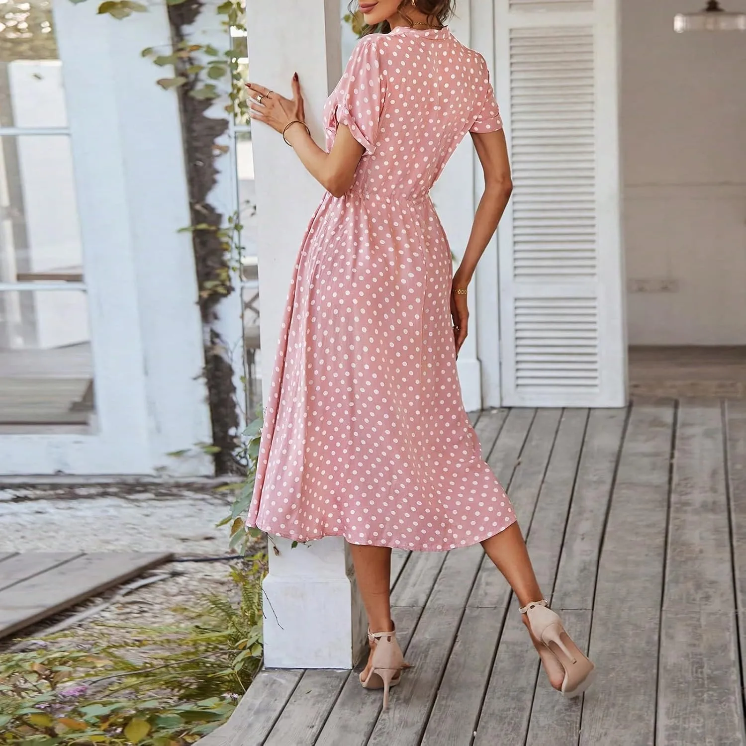 Summer Dresses for Women 2025 Casual Loose Trendy Short Sleeve V-Neck Boho Polka Dot Print Beach Maxi Dress, S-2XL