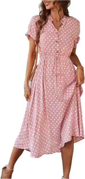 Summer Dresses for Women 2025 Casual Loose Trendy Short Sleeve V-Neck Boho Polka Dot Print Beach Maxi Dress, S-2XL