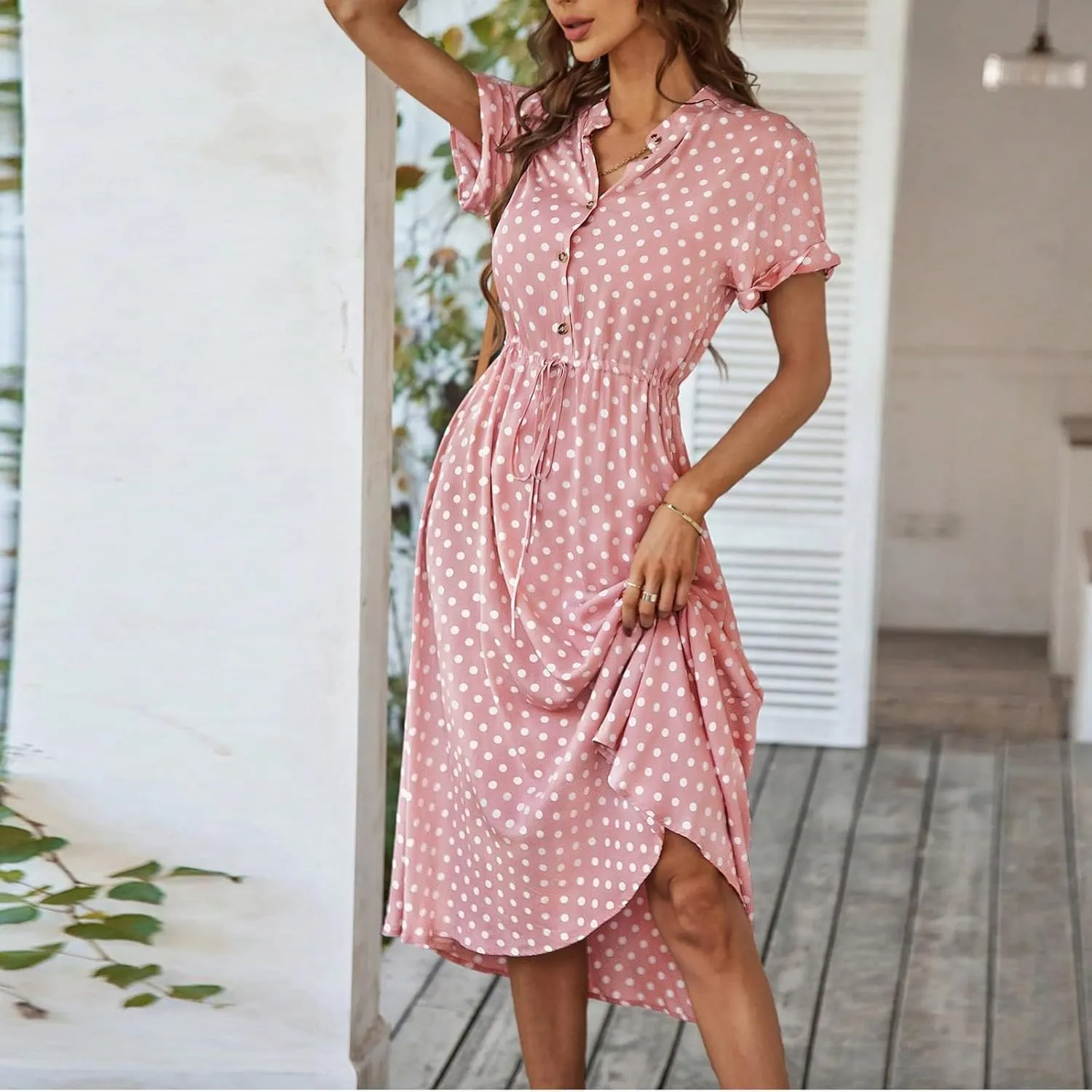 Summer Dresses for Women 2025 Casual Loose Trendy Short Sleeve V-Neck Boho Polka Dot Print Beach Maxi Dress, S-2XL