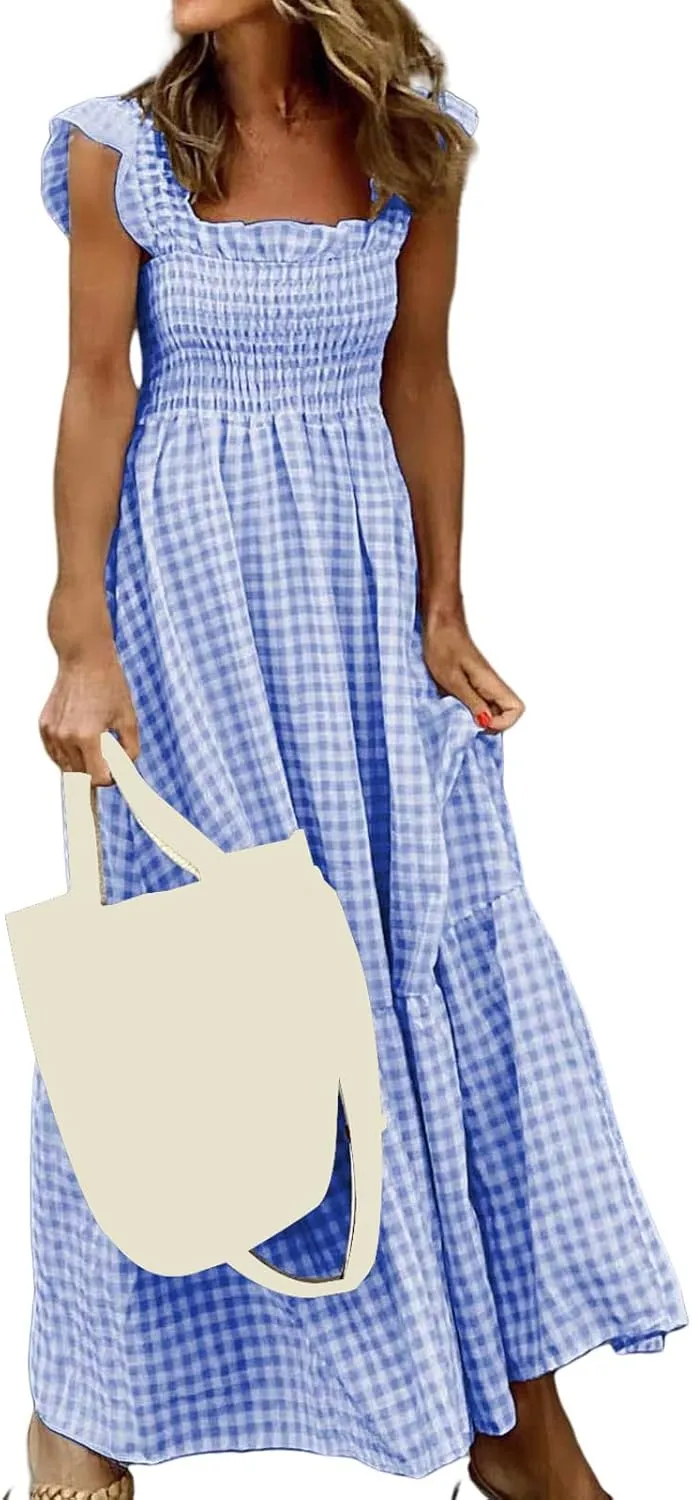 Summer Dresses for Women 2025 Strap Maxi Flowy Dresses Flying Sleeve Plaid Square Neck Casual Beach Vacation Sundress