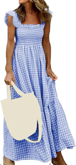 Summer Dresses for Women 2025 Strap Maxi Flowy Dresses Flying Sleeve Plaid Square Neck Casual Beach Vacation Sundress