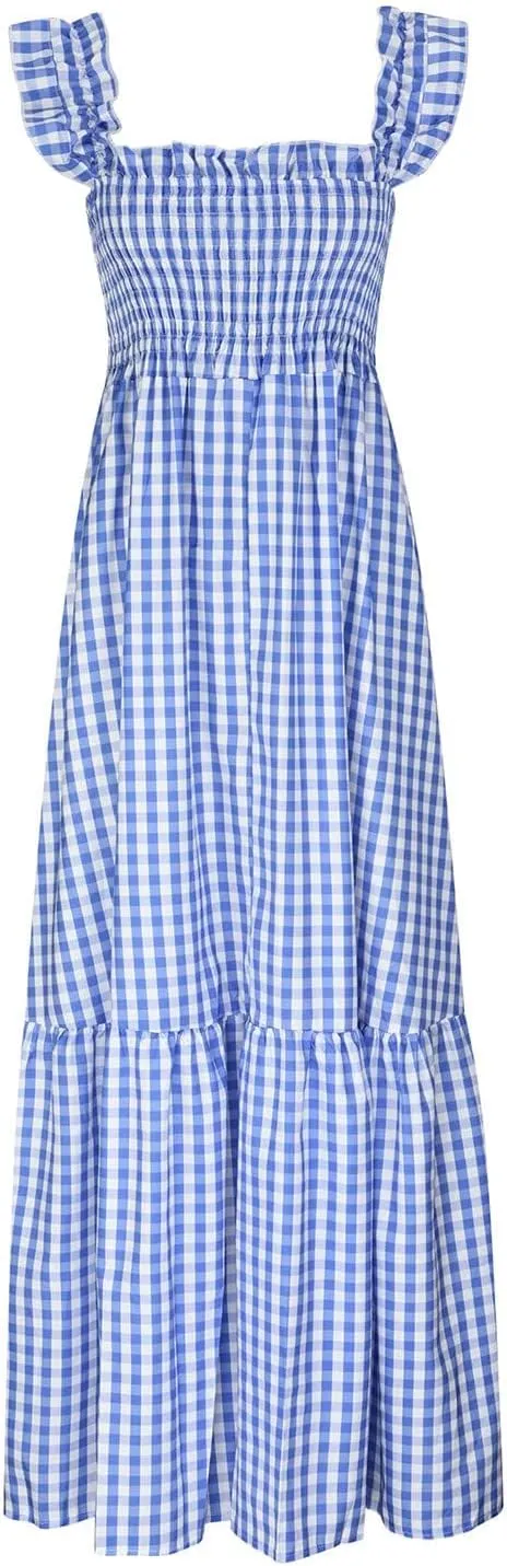 Summer Dresses for Women 2025 Strap Maxi Flowy Dresses Flying Sleeve Plaid Square Neck Casual Beach Vacation Sundress
