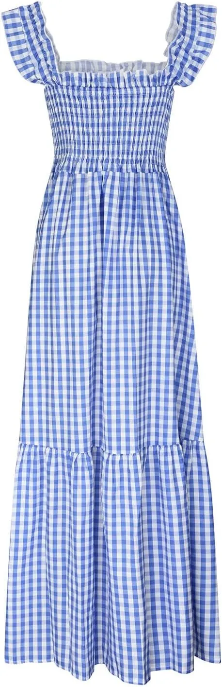 Summer Dresses for Women 2025 Strap Maxi Flowy Dresses Flying Sleeve Plaid Square Neck Casual Beach Vacation Sundress