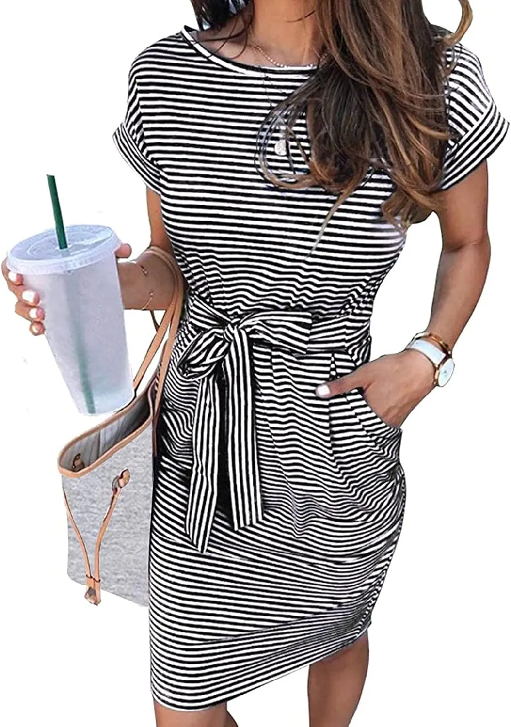 Summer Dresses for Women 2025 Striped Short Sleeve T Shirt Midi Dress Casual Tie Waist Trendy Tunic Beach Sundress