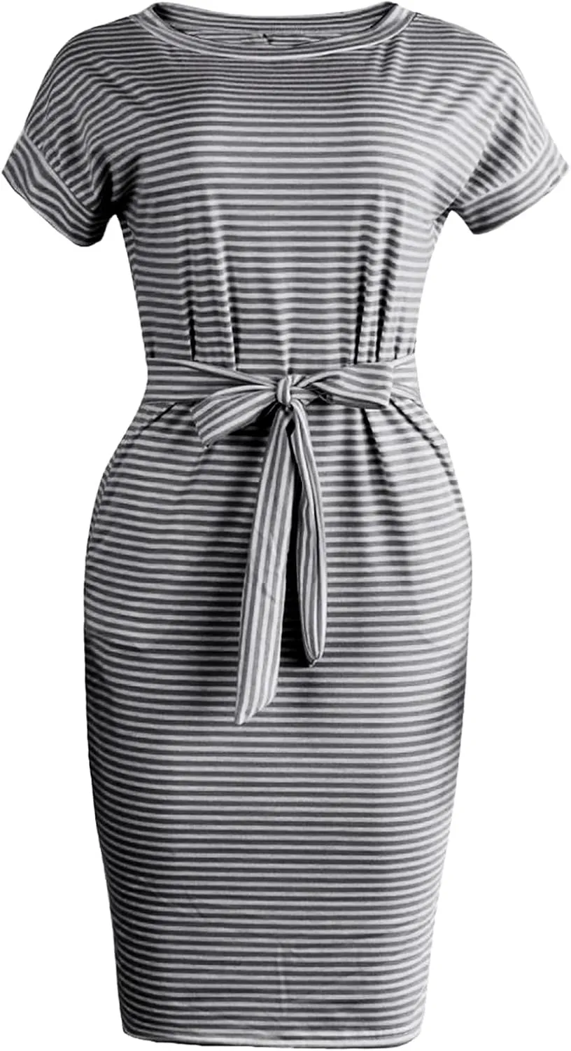 Summer Dresses for Women 2025 Striped Short Sleeve T Shirt Midi Dress Casual Tie Waist Trendy Tunic Beach Sundress