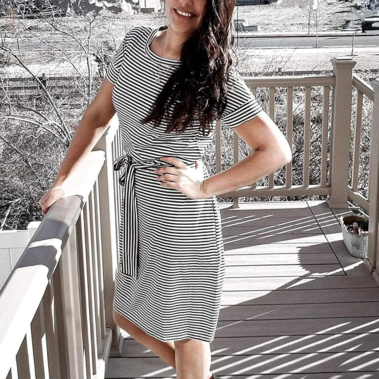 Summer Dresses for Women 2025 Striped Short Sleeve T Shirt Midi Dress Casual Tie Waist Trendy Tunic Beach Sundress