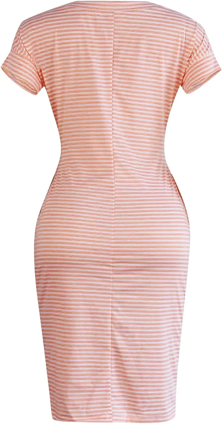 Summer Dresses for Women 2025 Striped Short Sleeve T Shirt Midi Dress Casual Tie Waist Trendy Tunic Beach Sundress