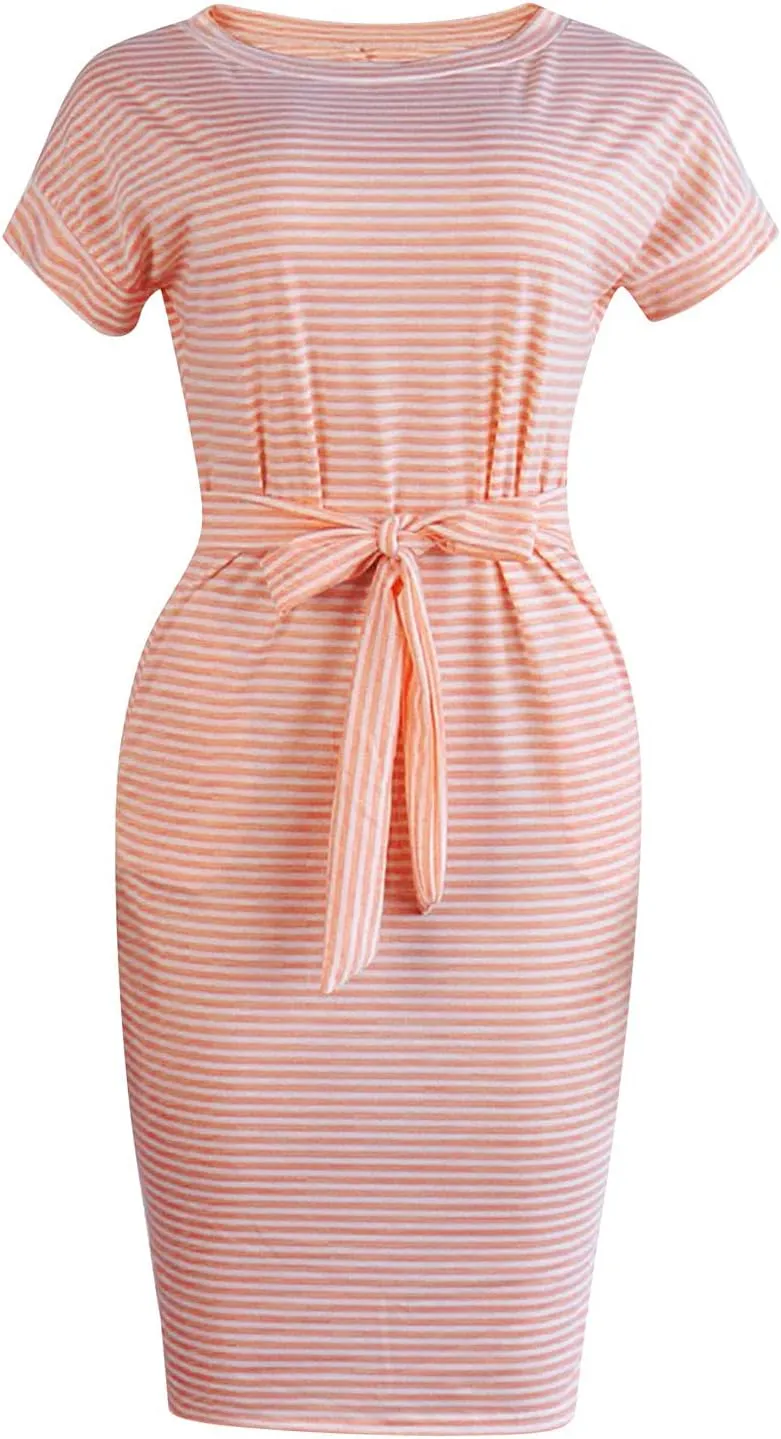 Summer Dresses for Women 2025 Striped Short Sleeve T Shirt Midi Dress Casual Tie Waist Trendy Tunic Beach Sundress