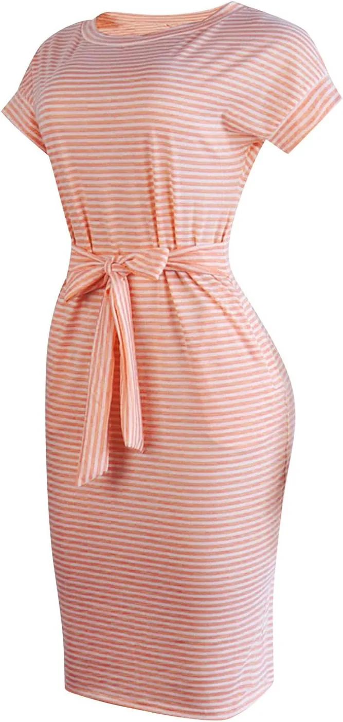 Summer Dresses for Women 2025 Striped Short Sleeve T Shirt Midi Dress Casual Tie Waist Trendy Tunic Beach Sundress