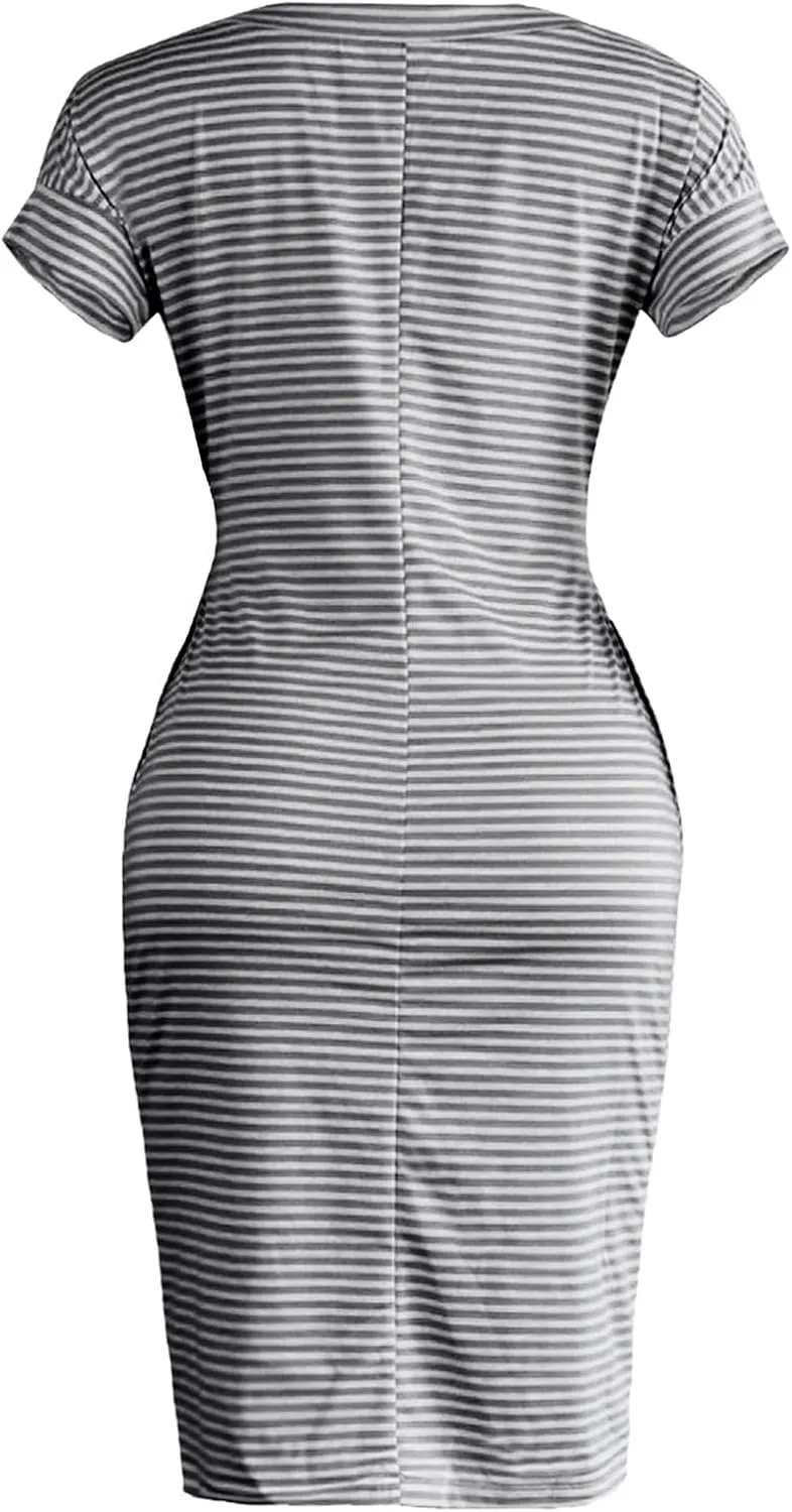 Summer Dresses for Women 2025 Striped Short Sleeve T Shirt Midi Dress Casual Tie Waist Trendy Tunic Beach Sundress
