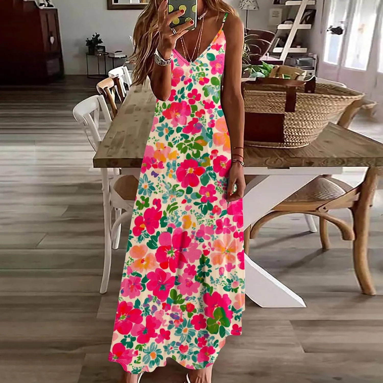 Summer Dresses for Women 2025 Vacation Plus Size Sleeveless Floral Slip Boho Maxi Dress Casual V Neck Beach Sundress