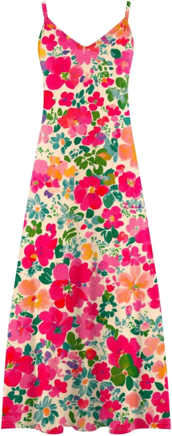 Summer Dresses for Women 2025 Vacation Plus Size Sleeveless Floral Slip Boho Maxi Dress Casual V Neck Beach Sundress