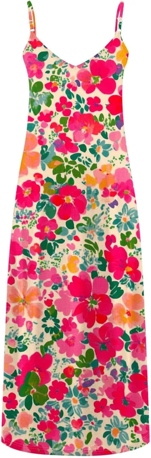 Summer Dresses for Women 2025 Vacation Plus Size Sleeveless Floral Slip Boho Maxi Dress Casual V Neck Beach Sundress