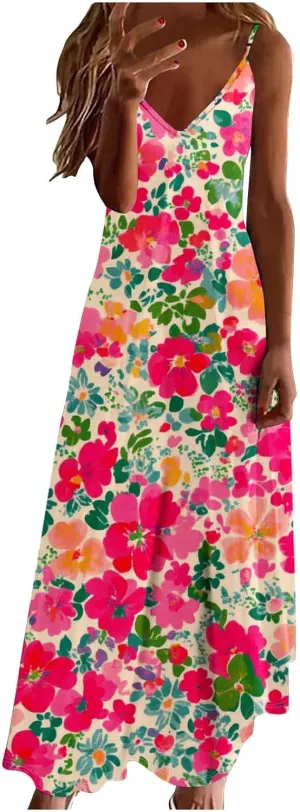 Summer Dresses for Women 2025 Vacation Plus Size Sleeveless Floral Slip Boho Maxi Dress Casual V Neck Beach Sundress