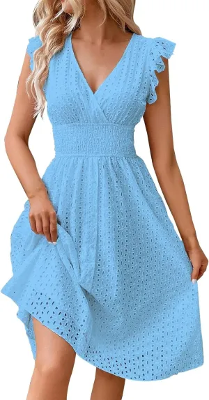Summer Dresses for Women 2025,Women's Eyelet Embroidered Midi Solid Color Dresses Empire Waist Wrap V Neck A Line Dress