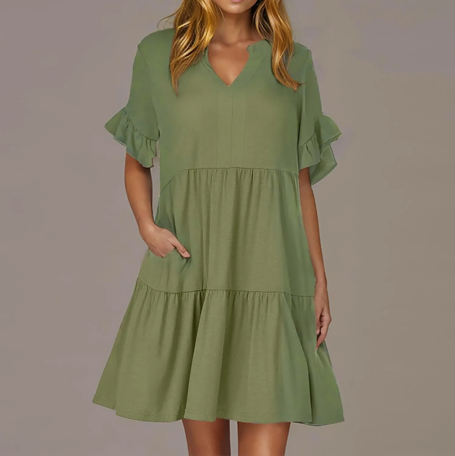 Summer Dresses for Women Casual Ruffle Sleeve Button Down Shirt Dress Tiered Flowy Shift Sundresses with Pockets