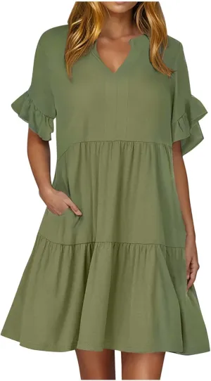 Summer Dresses for Women Casual Ruffle Sleeve Button Down Shirt Dress Tiered Flowy Shift Sundresses with Pockets