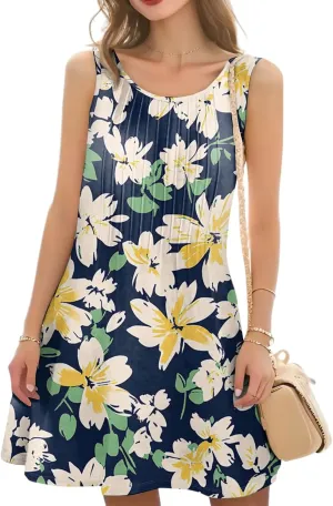 Summer Dresses for Women Casual Sundress Floral Printed Pleated Mini Dress with Pocket Beach Cover Up Swimsuit