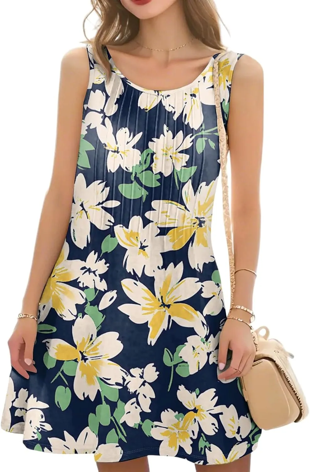 Summer Dresses for Women Casual Sundress Floral Printed Pleated Mini Dress with Pocket Beach Cover Up Swimsuit