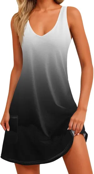 Summer Dresses for Women Casual V Neck Sleeveless Sundresses Boho Beach Tank Dress with Pockets