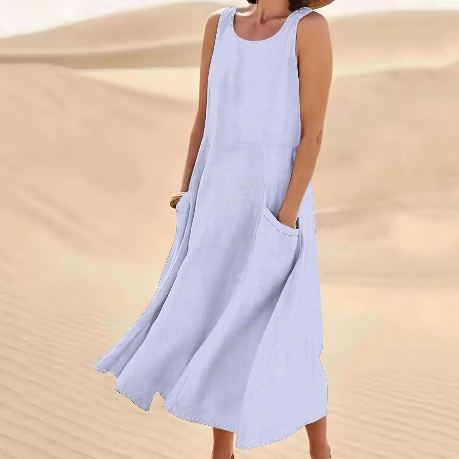 Summer Dresses for Women Cotton Linen Sleeveless Maxi Dress Casual Plus Size Long Length Beach Dress with Pockets