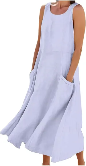 Summer Dresses for Women Cotton Linen Sleeveless Maxi Dress Casual Plus Size Long Length Beach Dress with Pockets