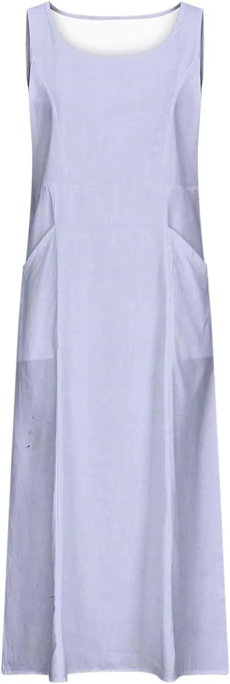 Summer Dresses for Women Cotton Linen Sleeveless Maxi Dress Casual Plus Size Long Length Beach Dress with Pockets