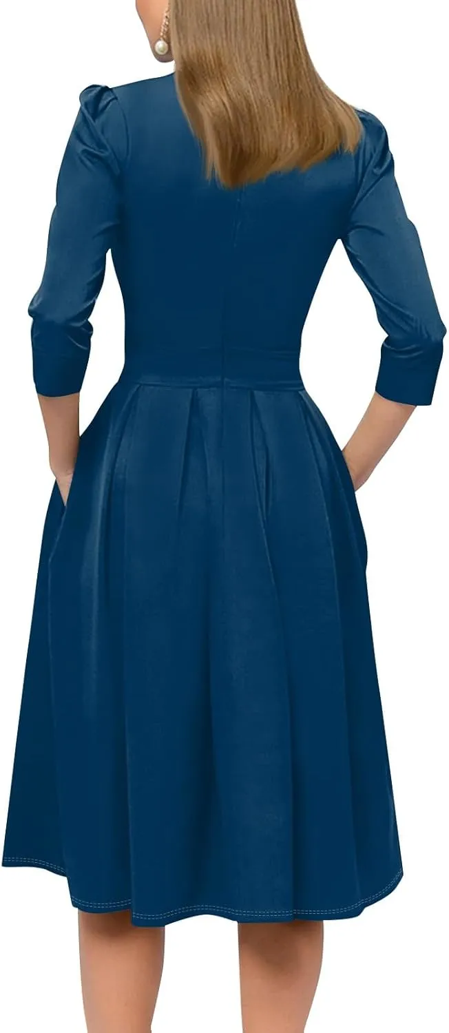 Summer Fall Long Sleeve Formal Midi Dress for Women Trendy Smocked Flowy Casual 3/4 Sleeve Elegant Floral Dress